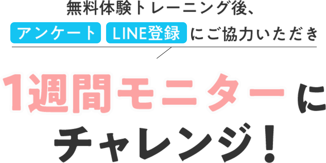 無料体験トレーニング後、アンケート、LINE登録にご協力いただき1週間モニターにチャレンジ！